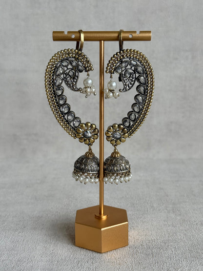 Ayura Designs Koyal Jhumkis – Oxidised Dual Tone Ear Climber Jhumkis with Kundan Stones & Pearl Detailing
