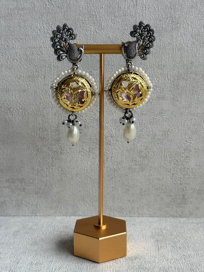 Ayura Designs Zareen Torque Necklace Set with Earrings – Dual Tone Oxidised Collar Necklace with Coin Detailing, Pearl Drops & Peacock Motifs