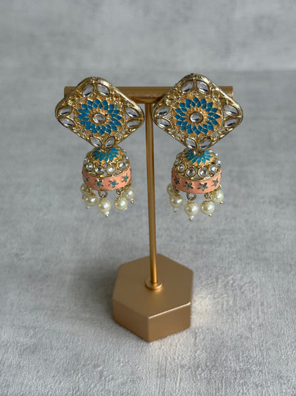 Ayura Designs Rangoli Jhumkis – Aqua Blue & Peach Meenakari with Pearl Drops in Antique Gold Finish