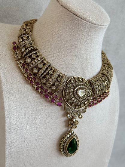 Ayura Designs Ahana Necklace Set with Earrings – Emerald Green Teardrop Stones, Ruby Pink Accents & Moissanite Detailing
