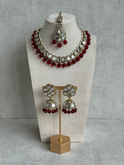 Ayura Designs Mishal Set with Jhumkis & Tikka – Ruby Red Beads & Mirror-Cut Stones
