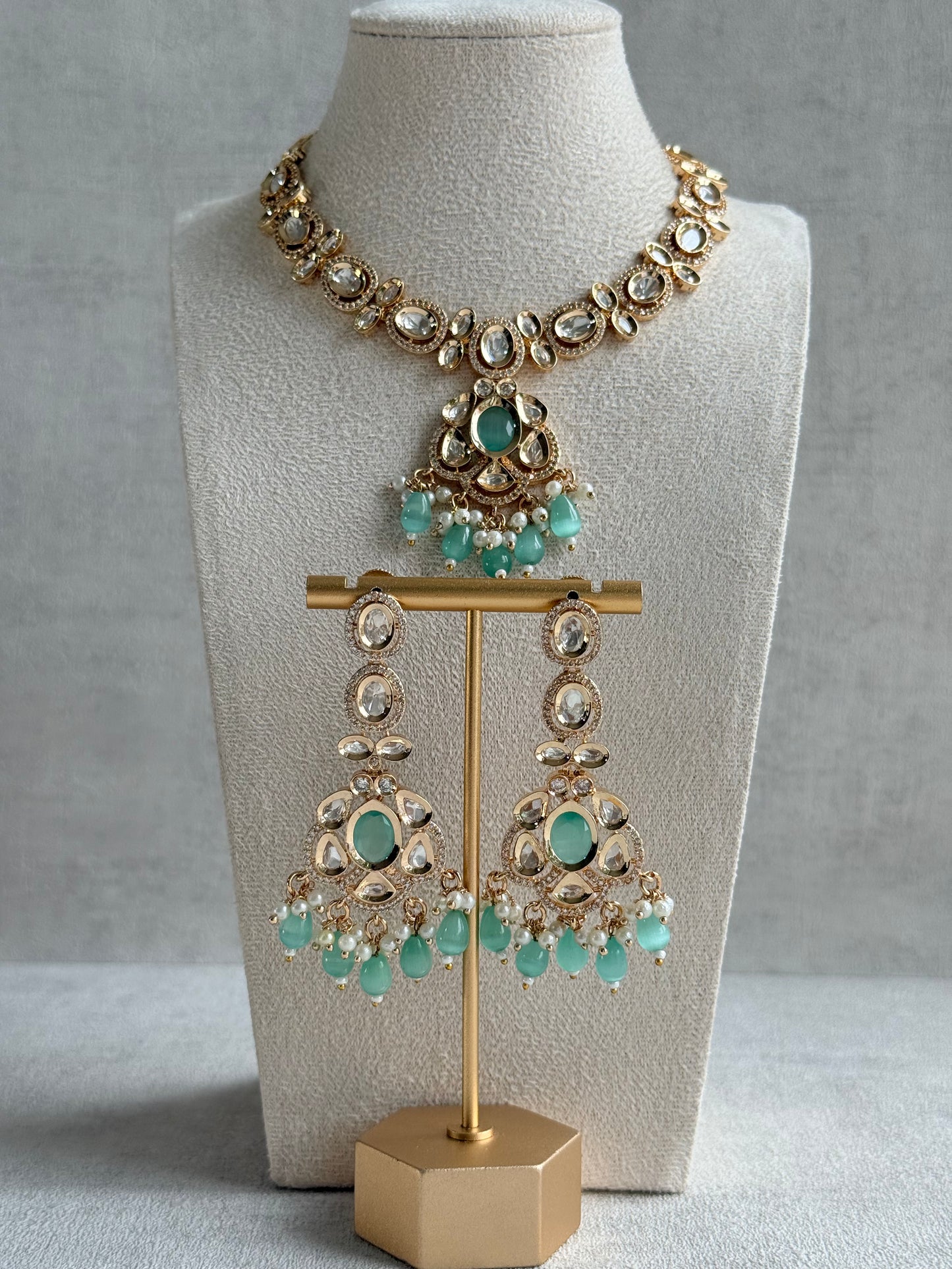 Ayura Designs Edina Necklace Set with Earrings – Kundan, Mint Green Stones & Pearl Detailing
