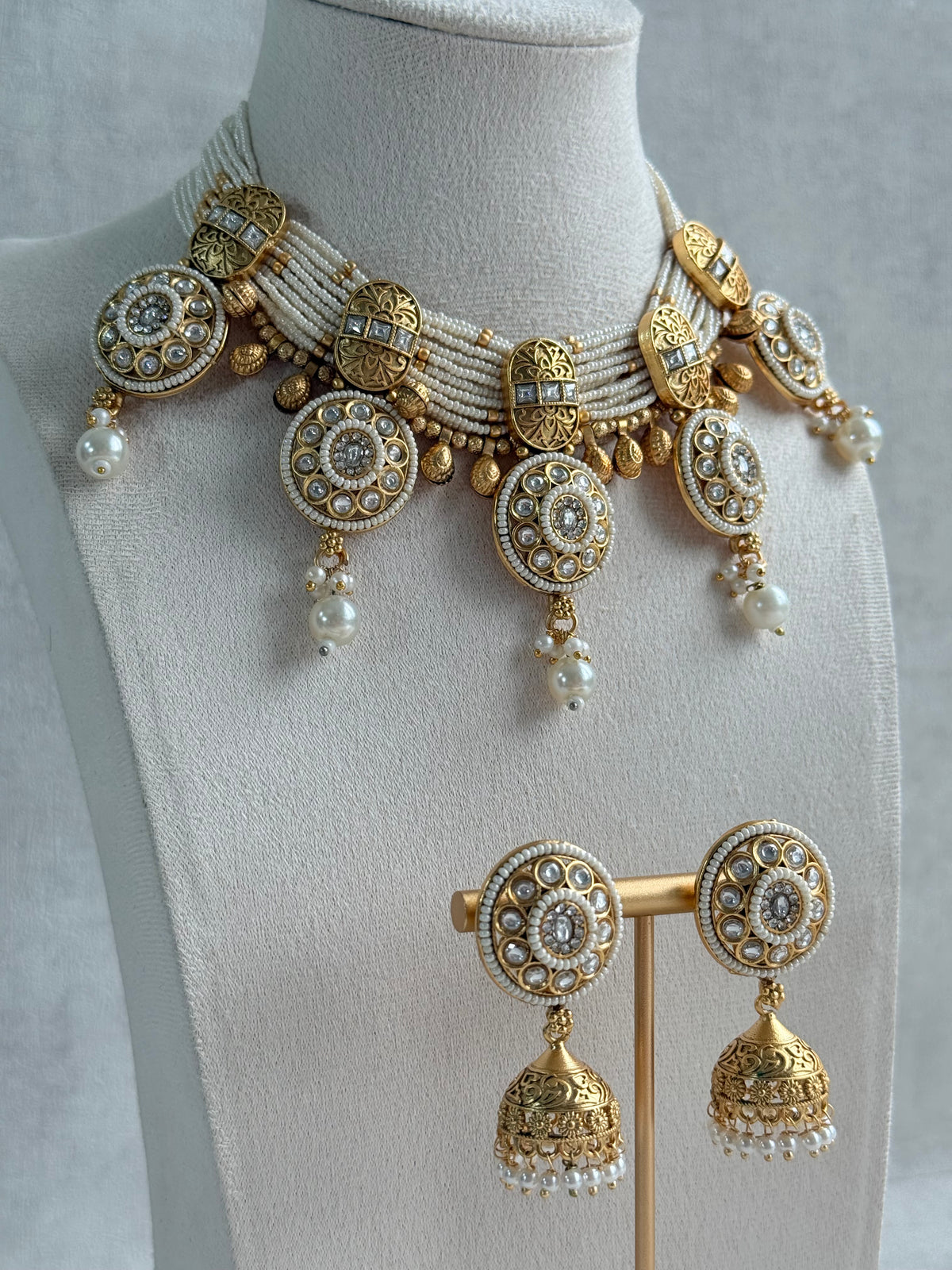 Ayura Designs Tabani Necklace Set with Jhumki Earrings – Kundan Medallion Design, Ivory Pearls & Antique Gold Finish