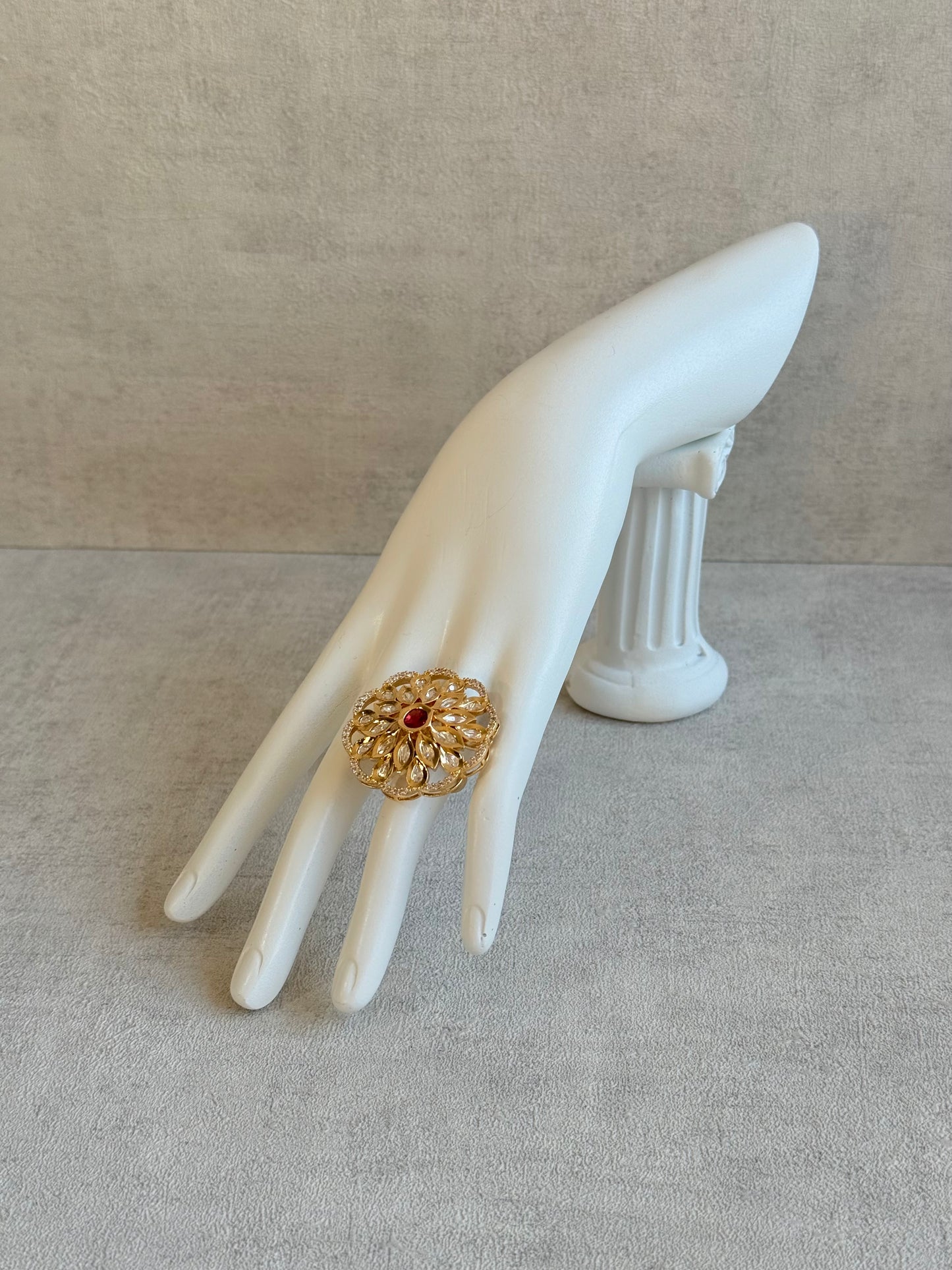 Ayura Designs Elisa Adjustable Ring – Moissanite Floral Ring with Rani Pink Centre & Crystal Border