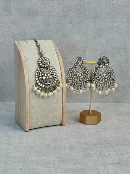 Ayura Designs Sheesha Tikka Set with Earrings – Antique Gold Mirror Detailing with Pearl Drops