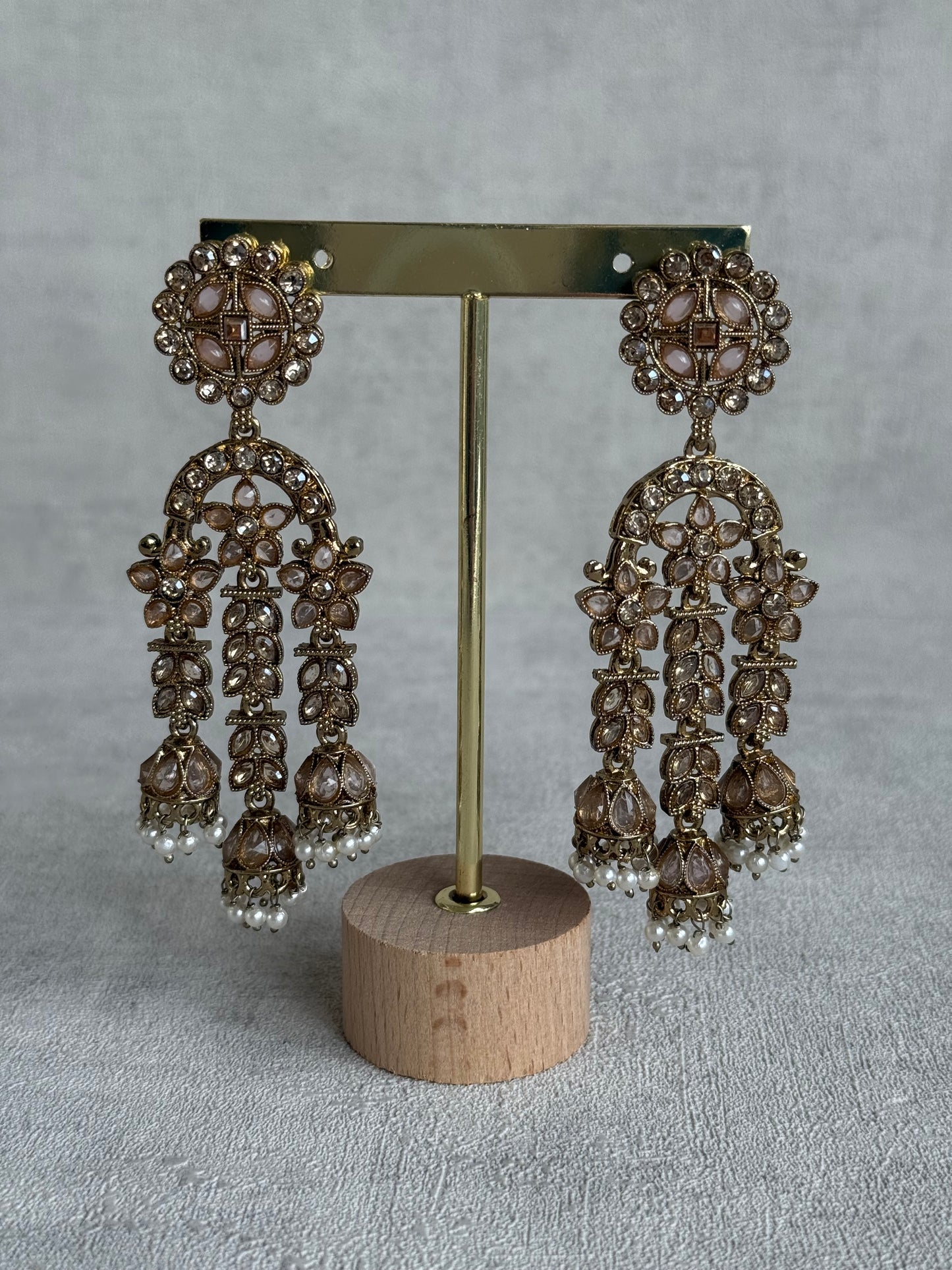 Ayura Designs Soraya Earrings – Blush Pink Stones, Champagne Crystals, Pearl Detailing & Gold Finish