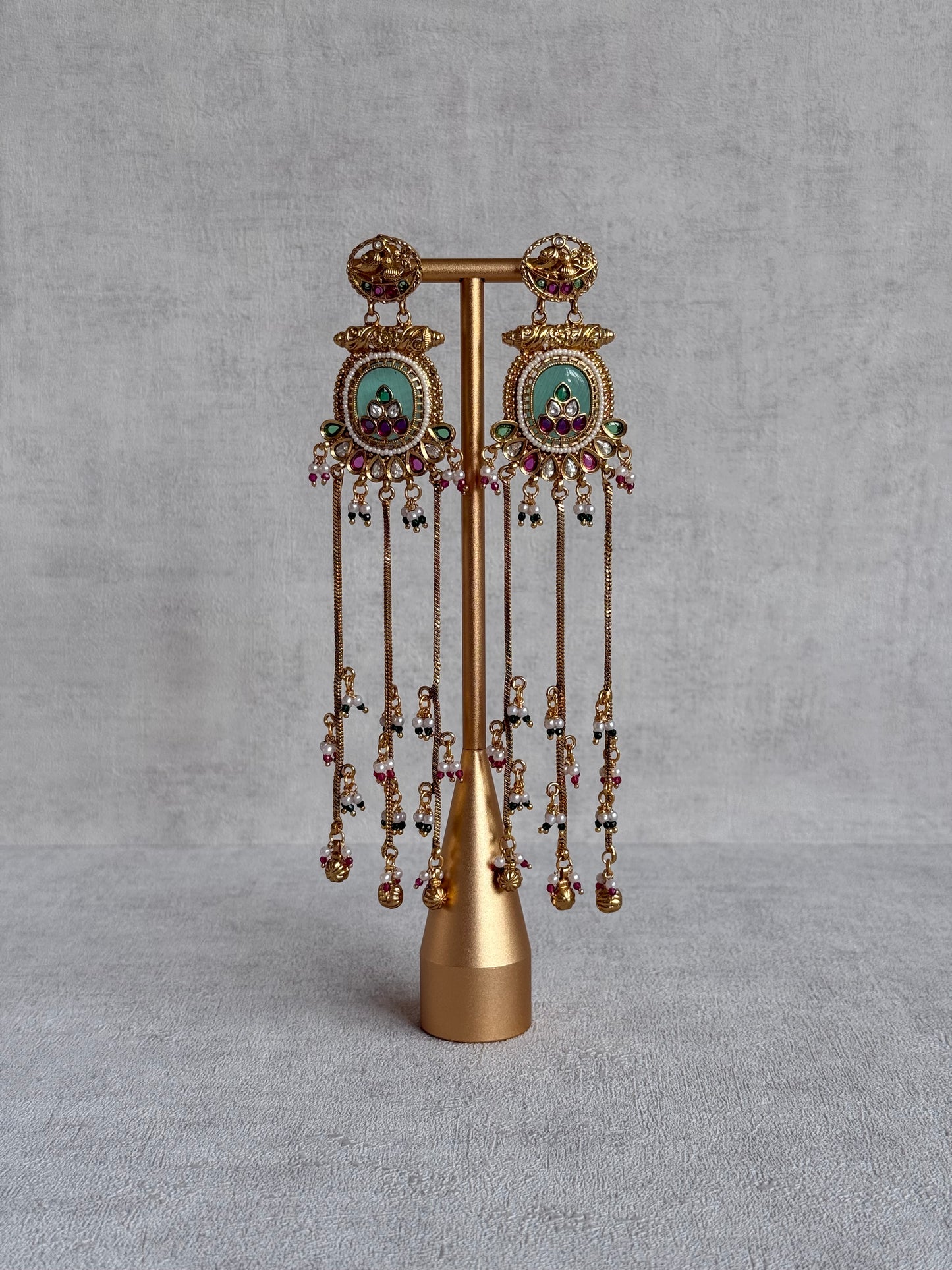 Ayura Designs Kaveri Earrings – Gold Long Chain Drop Earrings with Kundan, Pearls & Ghungroo Detailing – Mint Green