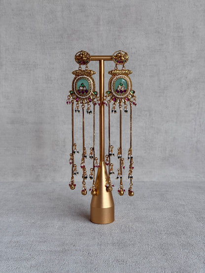 Ayura Designs Kaveri Earrings – Gold Long Chain Drop Earrings with Kundan, Pearls & Ghungroo Detailing – Mint Green