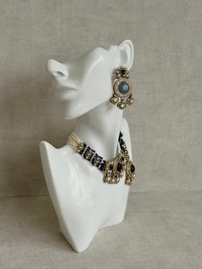 Ayura Designs Rahi Necklace Set with Earrings & Tikka – Ink Blue Stones with Mirror-Cut Detailing & Pearl Strands