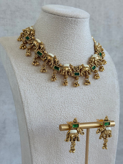 Ayura Designs Ruva Necklace Set with Earrings – Gold Finish, Emerald Green Stones, Ivory Detailing & Elephant Motifs