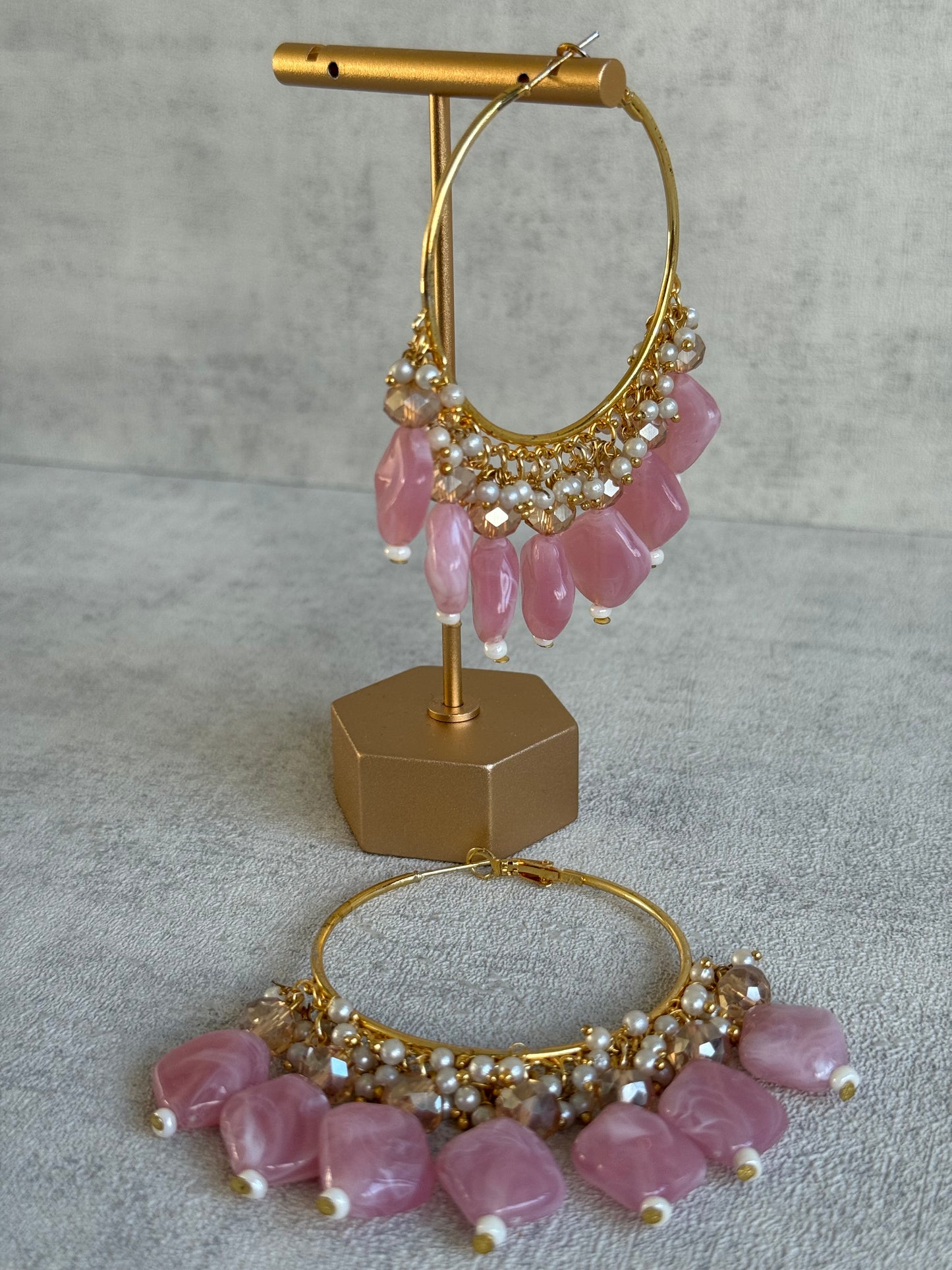 Ayura Designs Heer Balis – Gold Hoops with Baby Pink Marble Beads, Pearls & Crystal Detailing