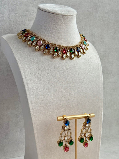 Ayura Designs Sylvie Necklace Set with Earrings – Gold Finish with Moissanite Crystals & Multicolour Stones