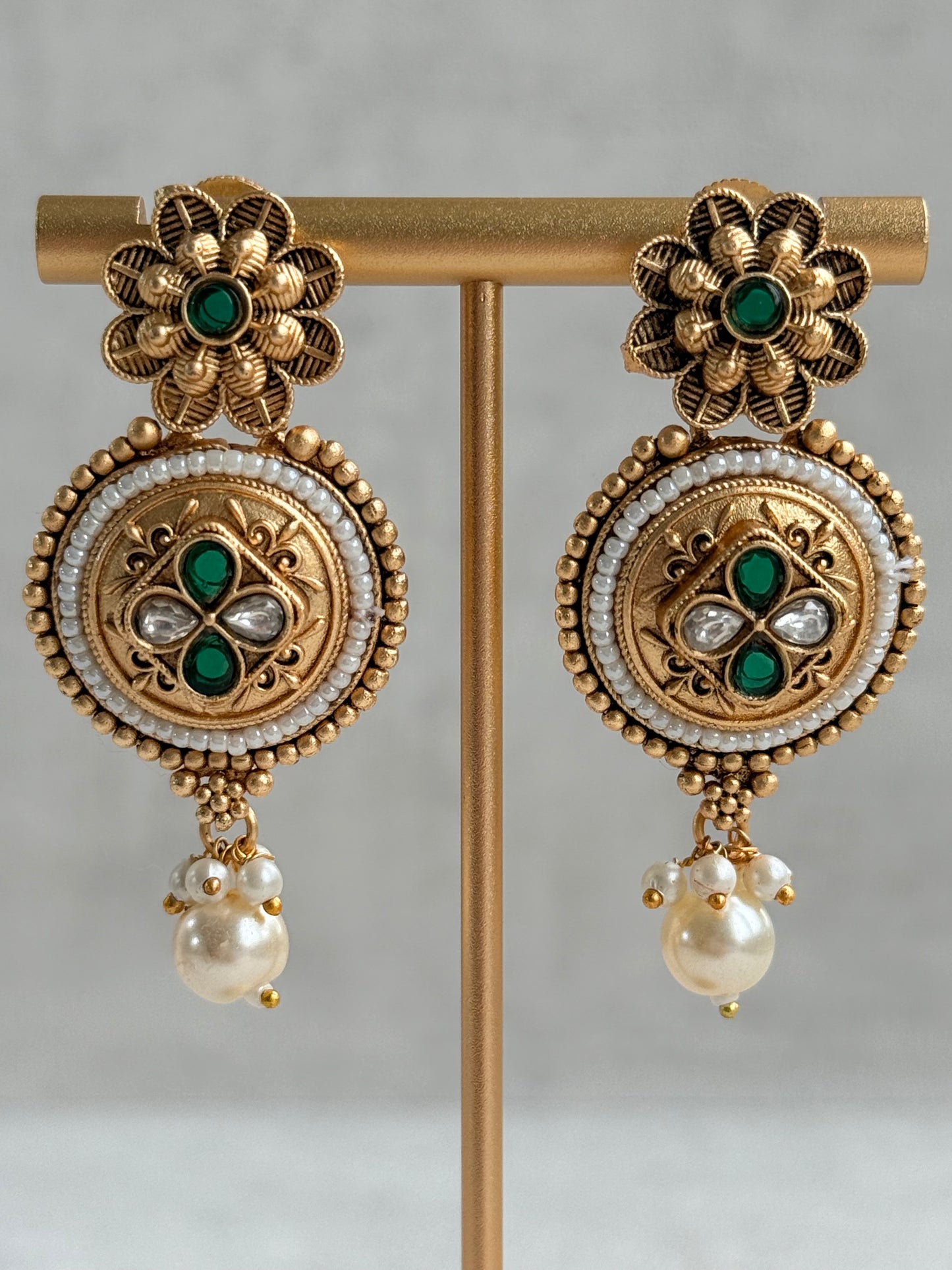 Ayura Designs Kaya Necklace Set with Earrings – Emerald Green Kundan Stones, Pearls & Antique Gold Finish