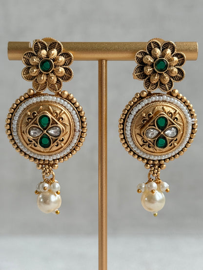 Ayura Designs Kaya Necklace Set with Earrings – Emerald Green Kundan Stones, Pearls & Antique Gold Finish