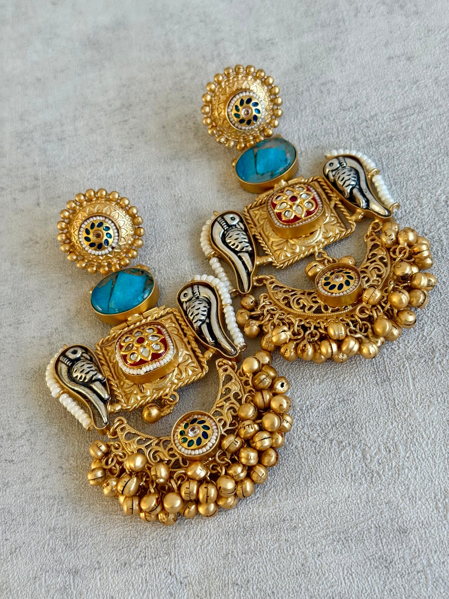 Ayura Designs Soha Earrings – Antique Gold with Turquoise Stone & Oxidised Parrots
