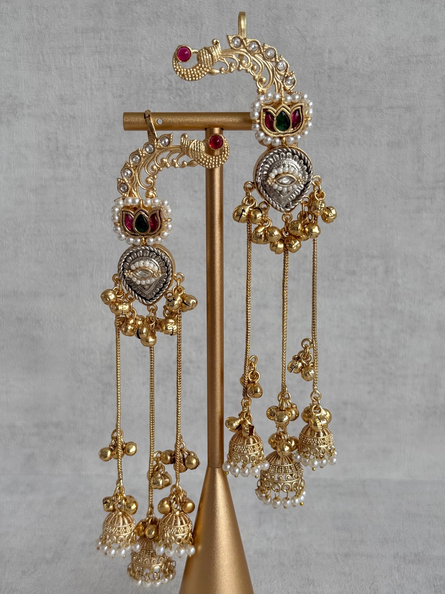 Ayura Designs Kaifiya Earrings – Peacock-Inspired Half Ear Cuff Jhumkis with Ruby Pink & Emerald Stones