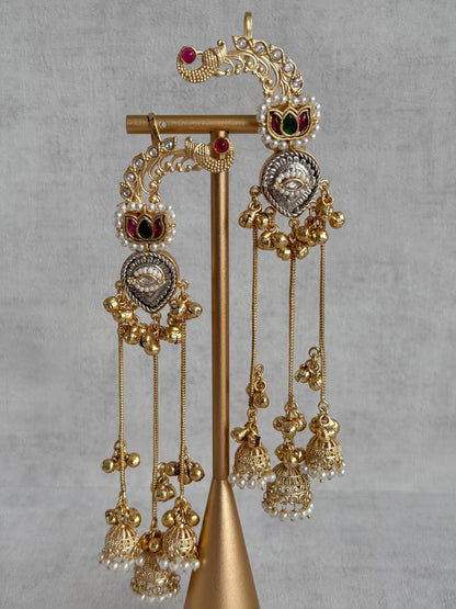 Ayura Designs Kaifiya Earrings – Peacock-Inspired Half Ear Cuff Jhumkis with Ruby Pink & Emerald Stones
