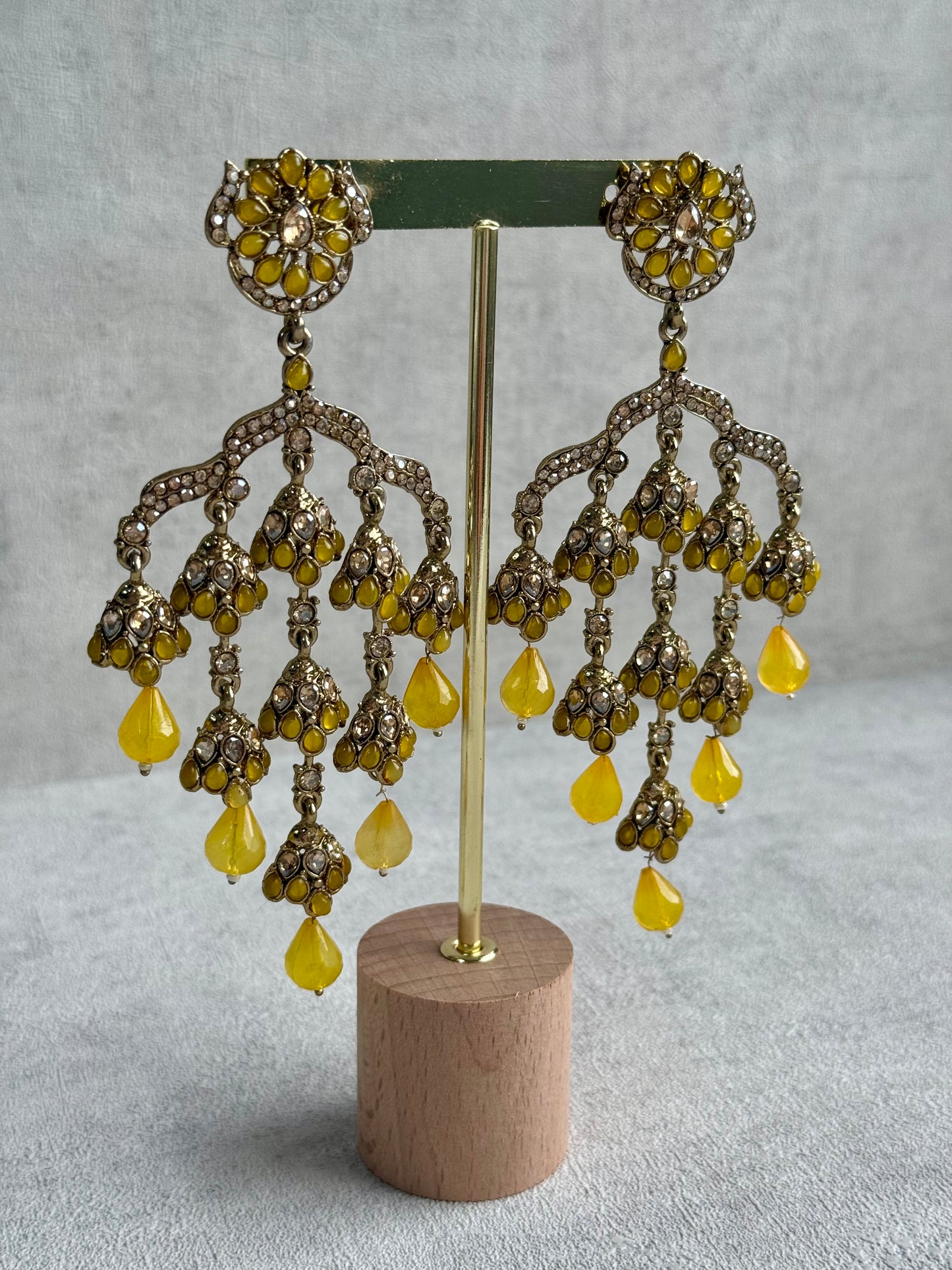 Ayura Designs Jasmine Earrings – Chandelier Statement Earrings with Yellow Beads & Antique Gold Finish