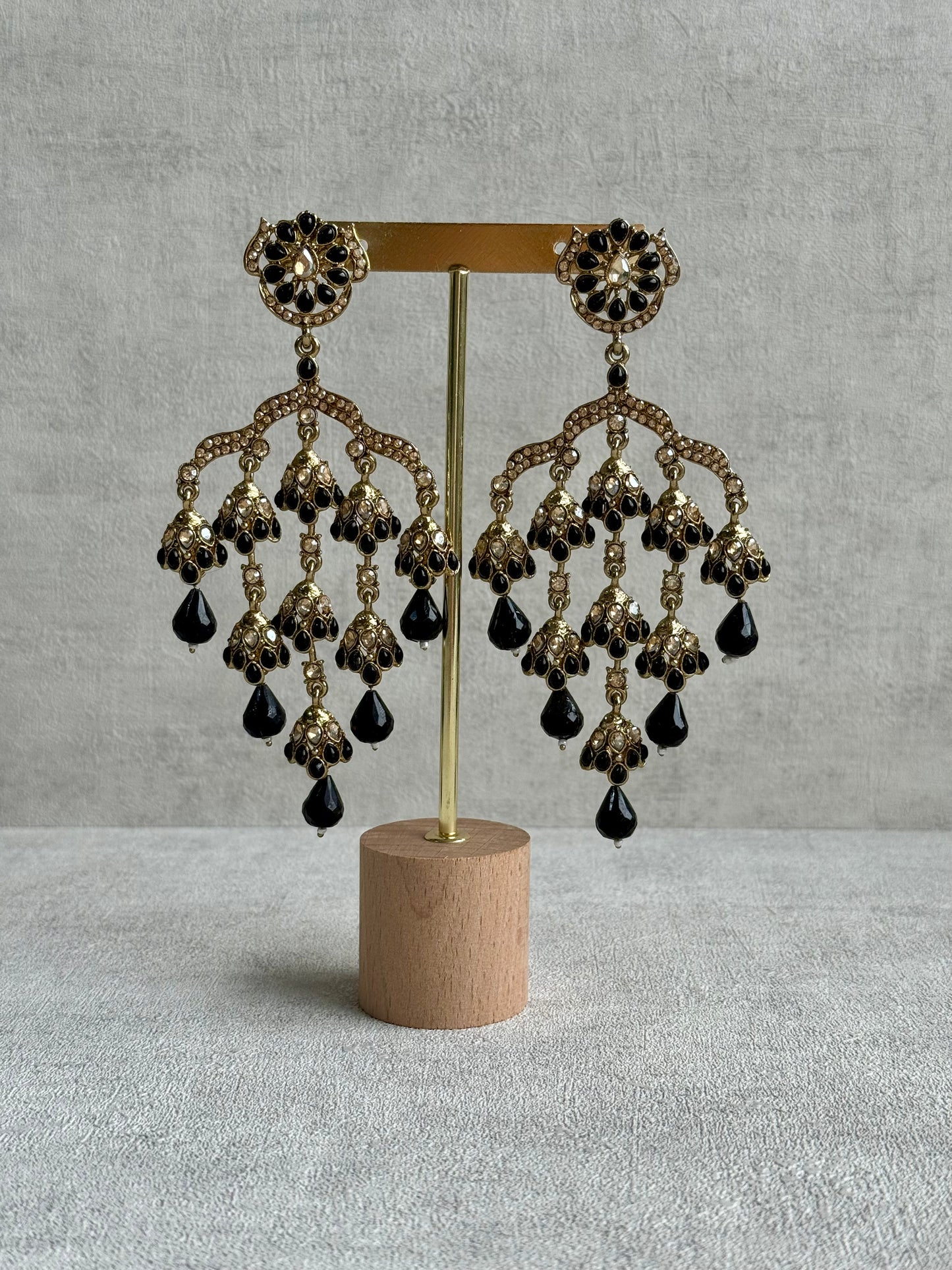 Ayura Designs Jasmine Earrings – Black Chandelier Earrings with Antique Gold Detailing & Tiered Drops