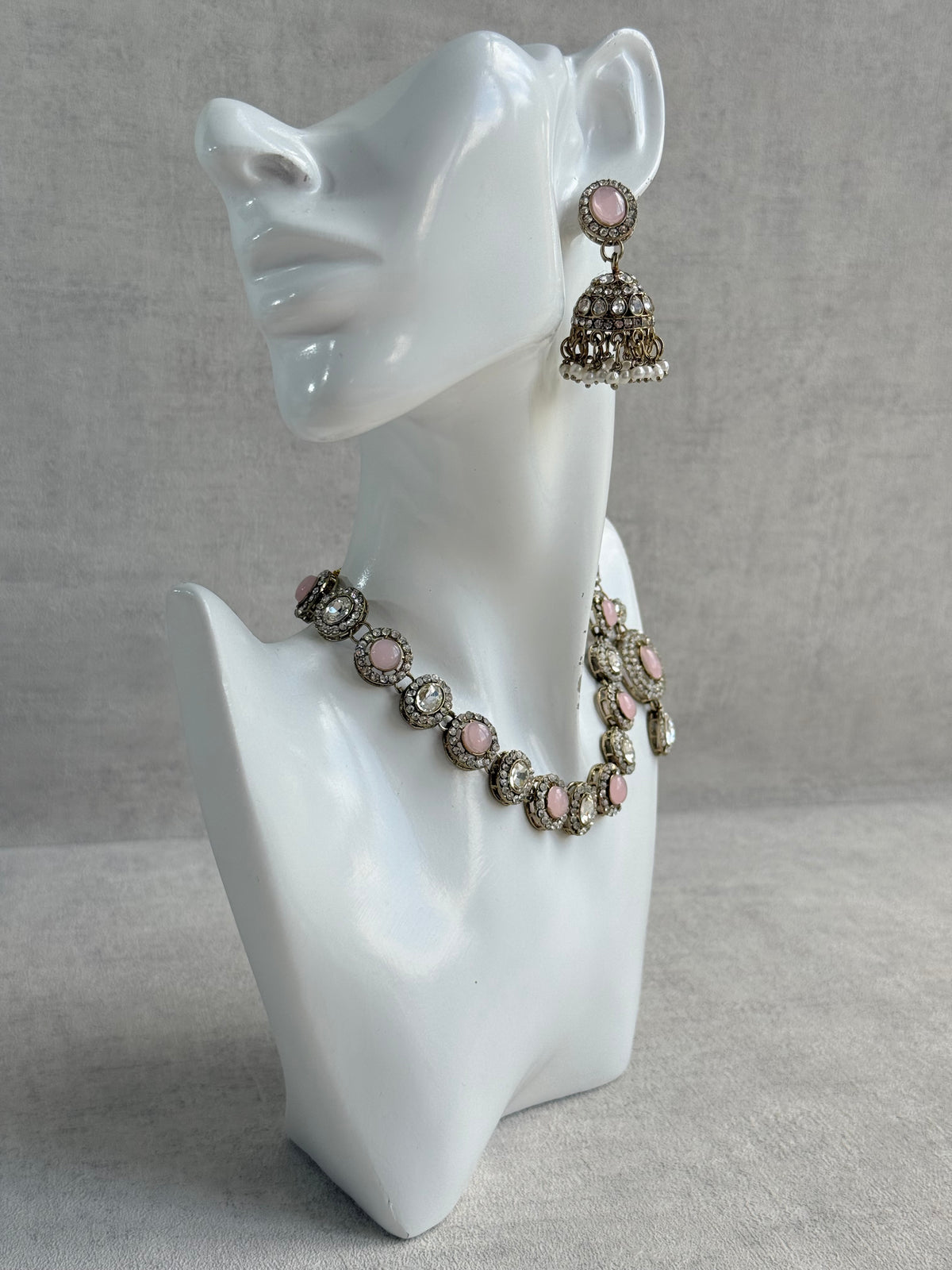 Ayura Designs Eira Necklace Set with Earrings & Tikka – Blush Pink & Crystal Stones with Antique Gold Finish