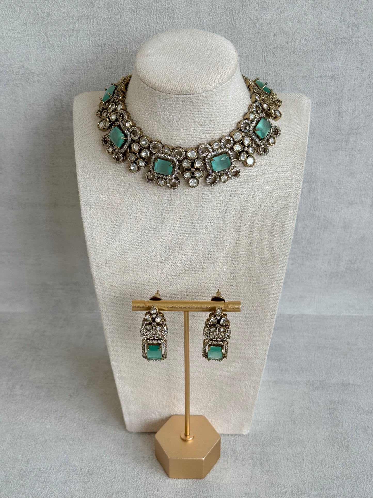 Ayura Designs Celine Necklace Set with Earrings – Moissanite Mint Green Statement Set