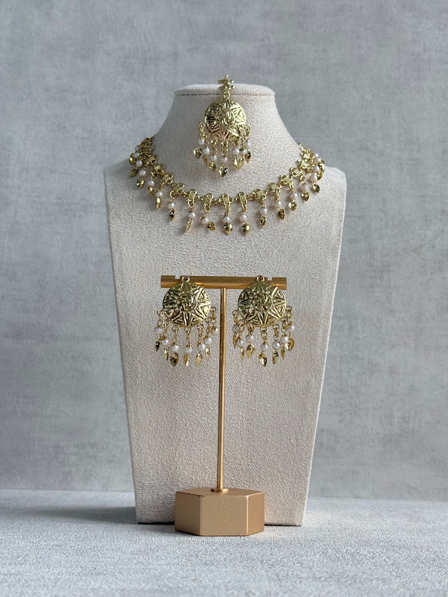 Ayura Designs Rupal Necklace Set with Earrings & Tikka – Gold Finish with Pearls & Pippal Patti Detailing