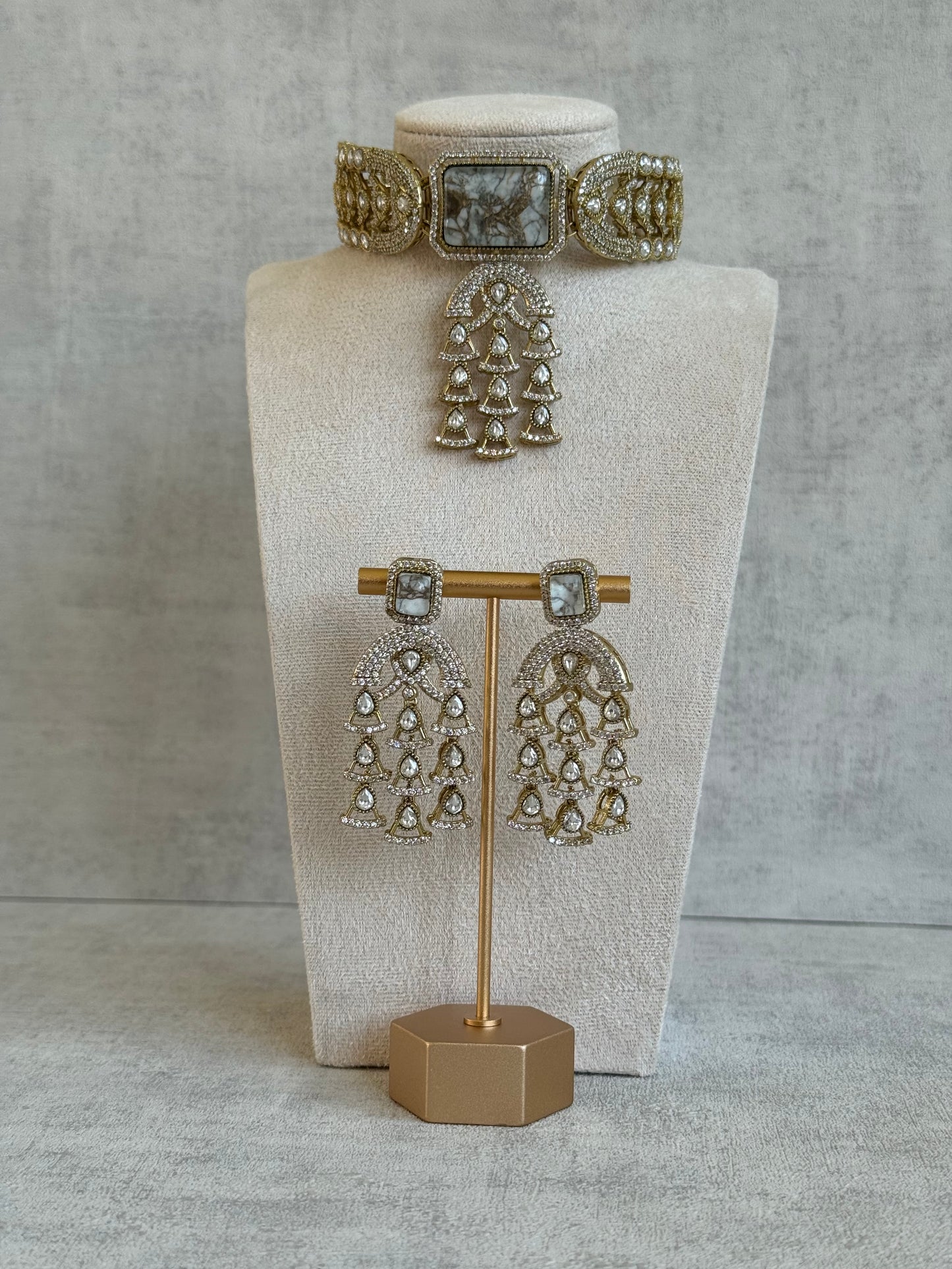 Ayura Designs Isla Choker Set with Earrings – All-White Marble & Moissanite Stones