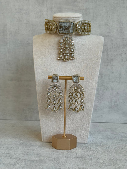 Ayura Designs Isla Choker Set with Earrings – All-White Marble & Moissanite Stones