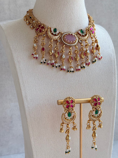 Ayura Designs Aavya Necklace Set – Blush Pink & Emerald Green Kundan Meenakari Design