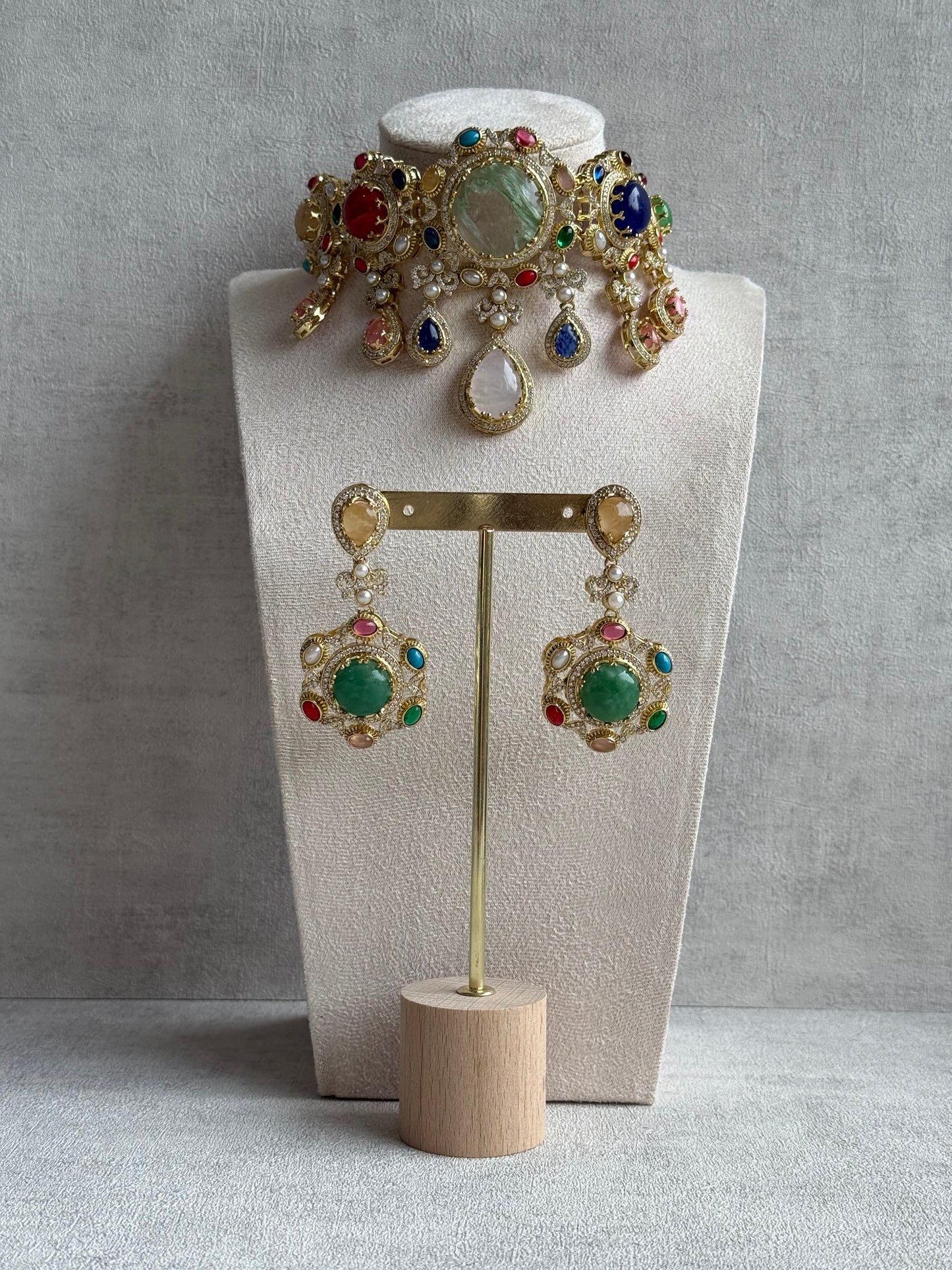 Ayura Designs Willow Choker Set – Statement Multicolour Stone Choker with Pearls & Antique Gold Detailing