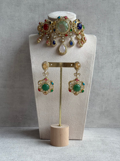 Ayura Designs Willow Choker Set – Statement Multicolour Stone Choker with Pearls & Antique Gold Detailing