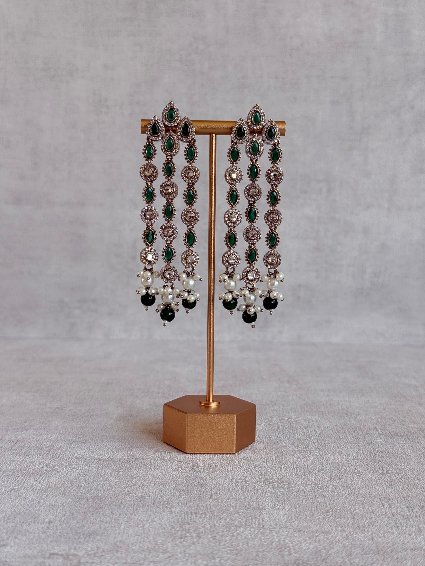 Ayura Designs Emilia Earrings – Gold Triple Strand Statement Earrings with Emerald Green Stones & Pearl Drops