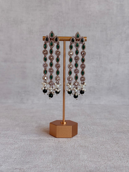 Ayura Designs Emilia Earrings – Gold Triple Strand Statement Earrings with Emerald Green Stones & Pearl Drops