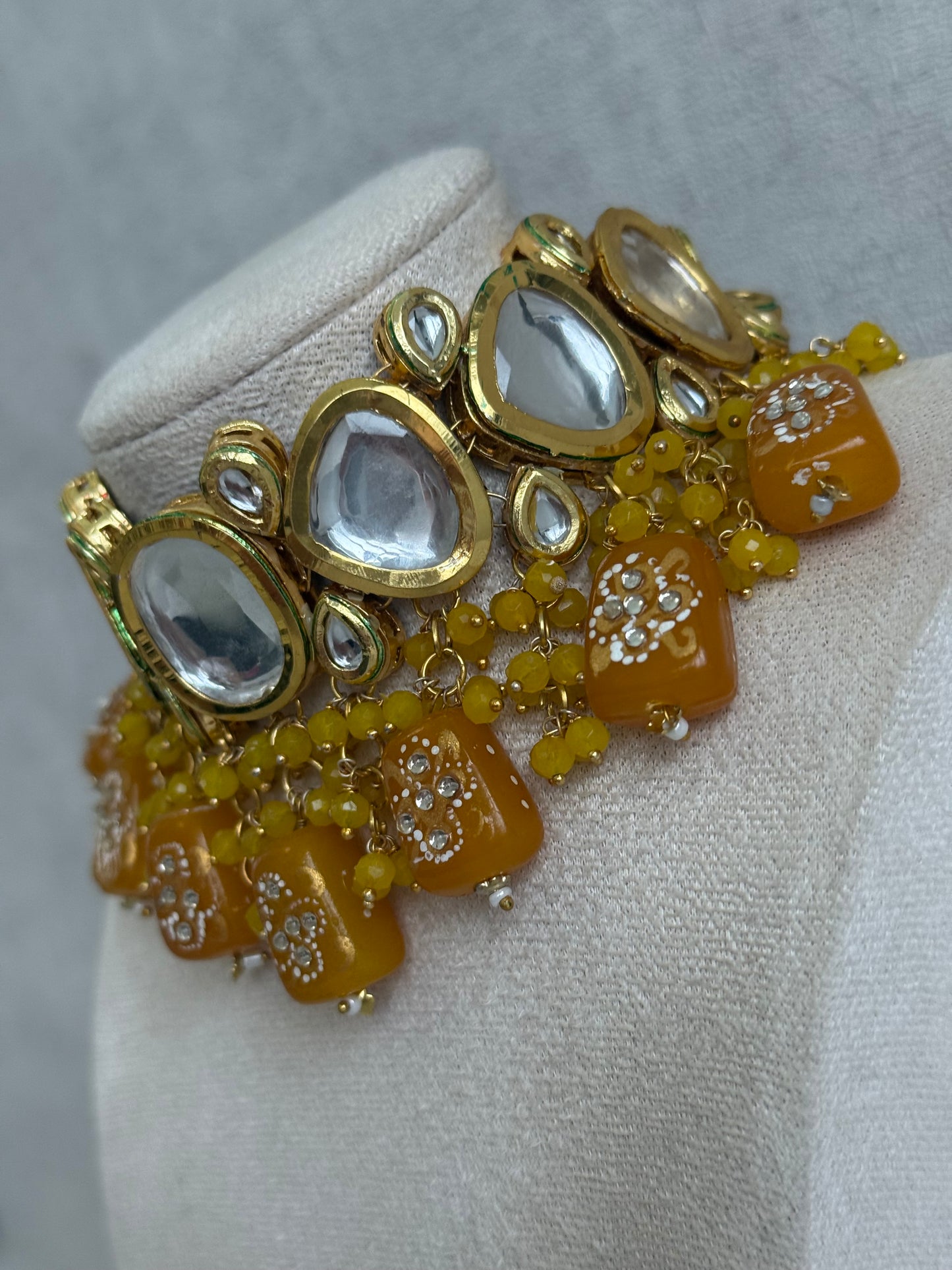 Ayura Designs Gyan Set With Choker And Earrings – Kundan Stones And Mustard Yellow Meenakari Drops