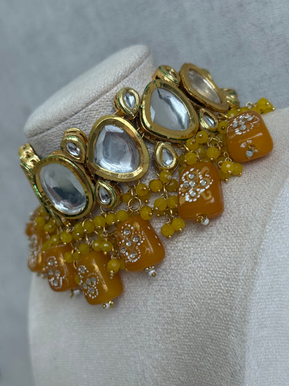 Ayura Designs Gyan Set With Choker And Earrings – Kundan Stones And Mustard Yellow Meenakari Drops
