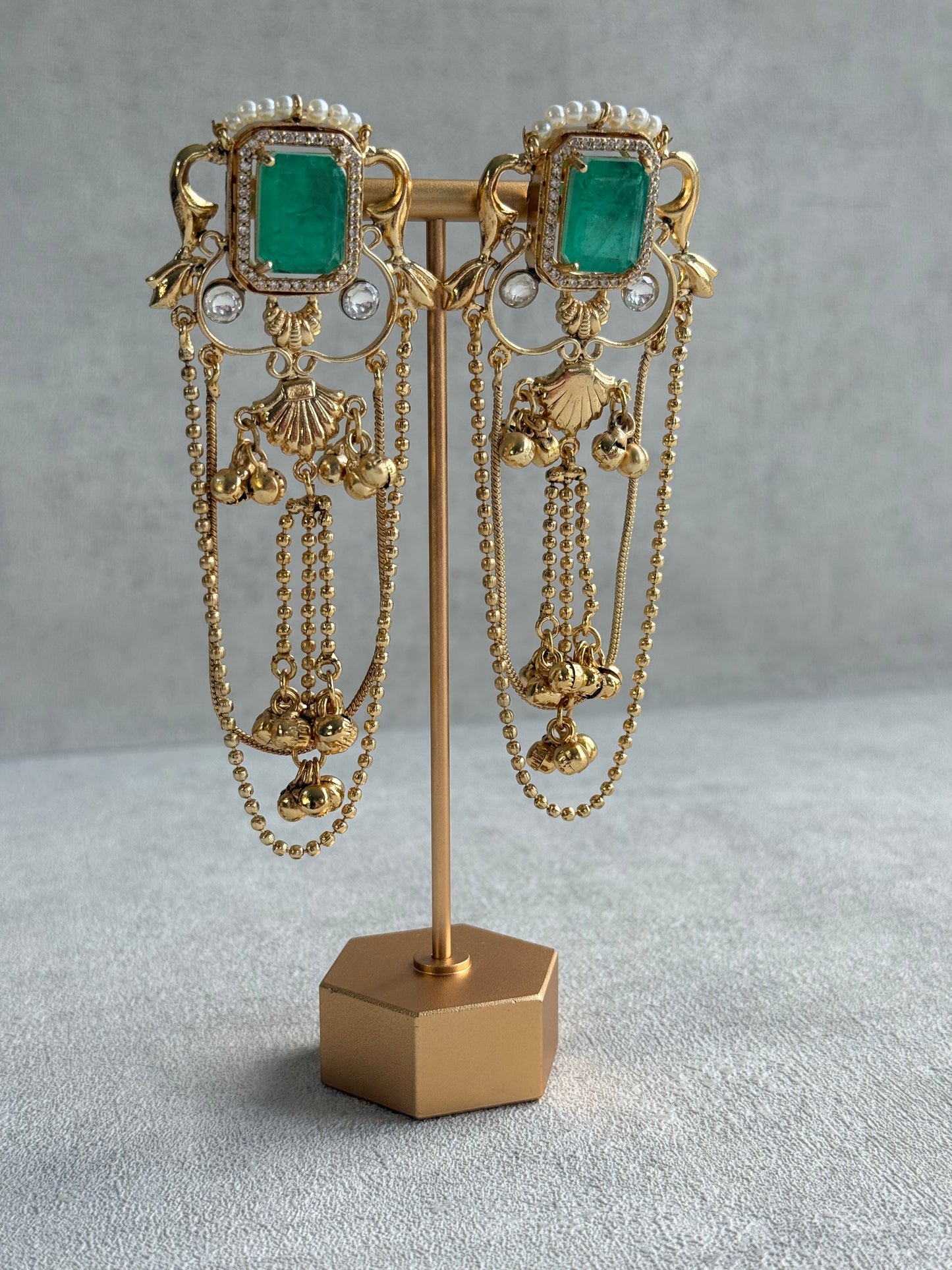 Ayura Designs Jaid Earrings – Jade Green Floral Motif with Layered Chains & Ghungroos