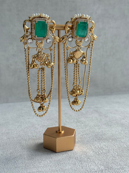 Ayura Designs Jaid Earrings – Jade Green Floral Motif with Layered Chains & Ghungroos