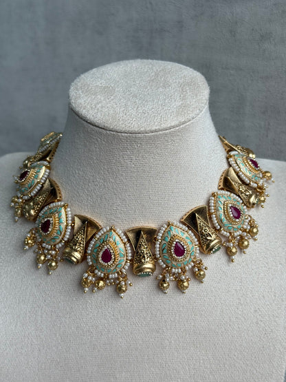 Ayura Designs Aaira Set with Necklace & Studs – Mint Green Meenakari with Rani Pink Centre & Pearl Detailing