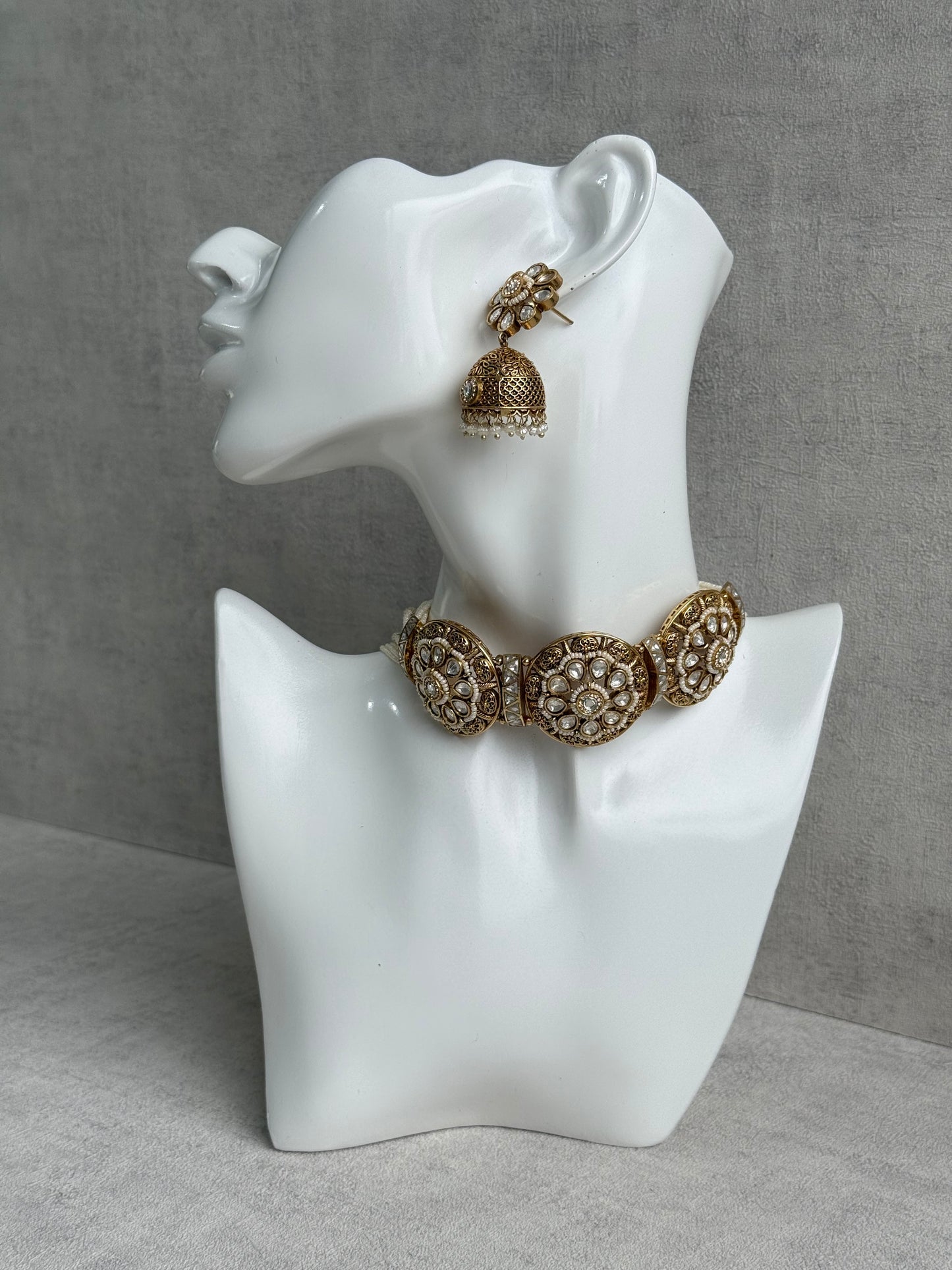 Ayura Designs Tanu Choker Set – Antique Gold Choker & Jhumkis with Kundan, Pearl Borders & Filigree Detailing
