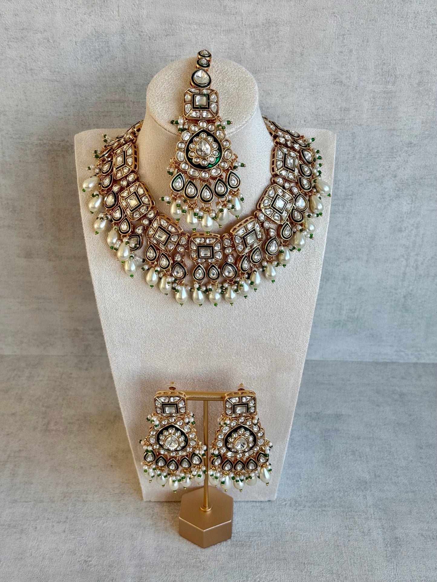 Ayura Designs Ishrat Set with Necklace, Earrings & Tikka – Kundan Detailing & Ivory Pearl Drops