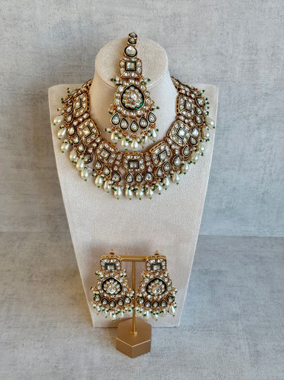 Ayura Designs Ishrat Set with Necklace, Earrings & Tikka – Kundan Detailing & Ivory Pearl Drops