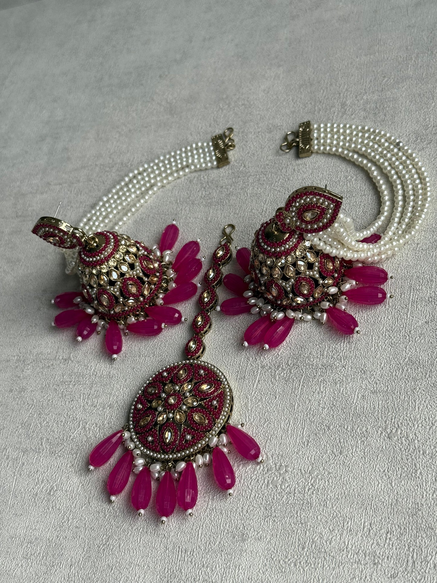 Ayura Designs Amrita Set – Jhumkis with Sahare & Tikka in Hot Pink Beads, Pearls and Antique Gold Finish