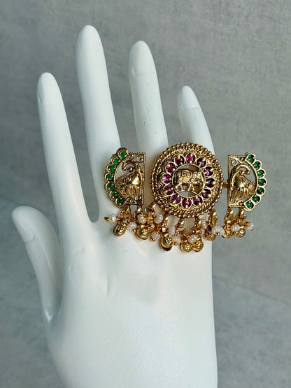 Ayura Designs Nira Adjustable Ring – Jadau-Inspired Gold Elephant Motifs with Rani Pink & Emerald Green Stones, Pearl Drops & Ghungroos