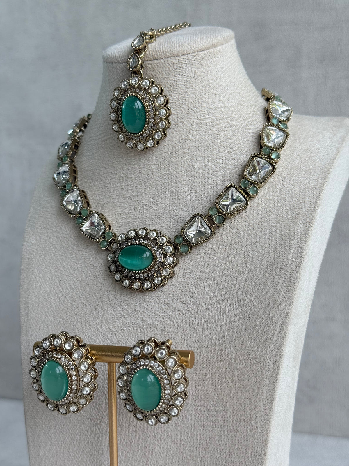 Ayura Designs Inza Necklace Set – Aqua Green Stones, Kundan & Crystals with Antique Gold Finish