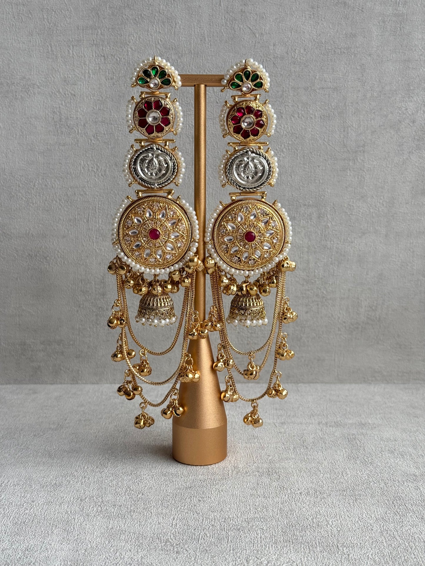 Ayura Designs Zeenia – Statement Kashmiri Earrings with Pearl Borders, Jhumki Drops, Multicolour Meenakari & Ghungroos