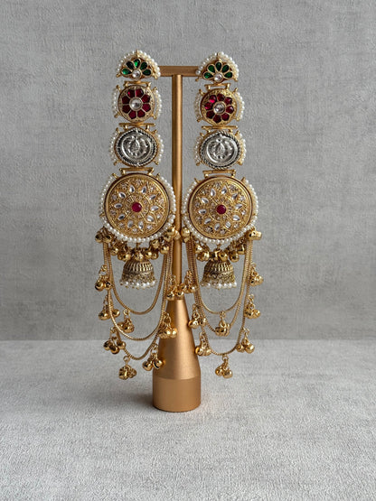 Ayura Designs Zeenia – Statement Kashmiri Earrings with Pearl Borders, Jhumki Drops, Multicolour Meenakari & Ghungroos