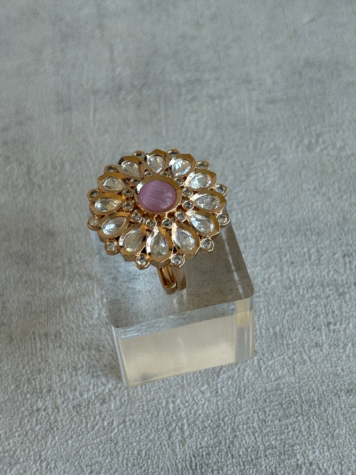 Ayura Designs Luisa Adjustable Ring – Blush Pink Centre Stone with Crystal Petal Detailing