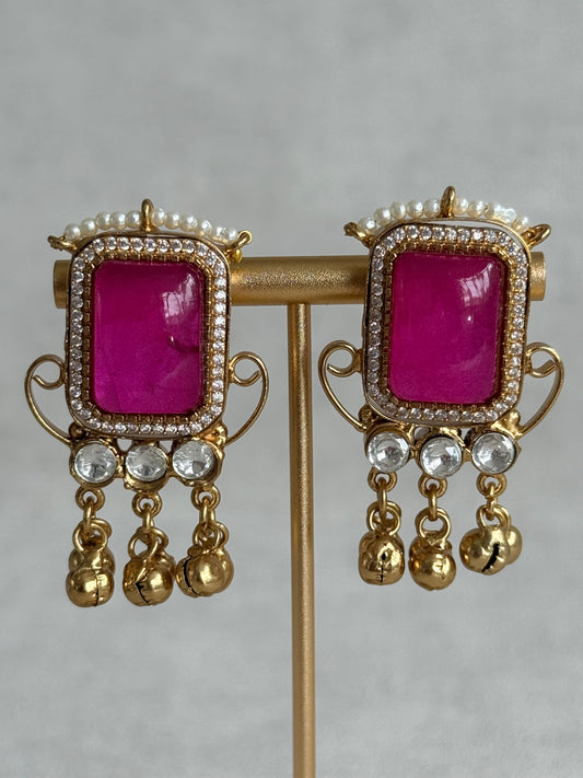Ayura Designs Aleena Earrings – Rani Pink Stone Stud Earrings with Pearls & Ghungroo Detailing