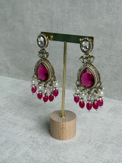 Ayura Designs Nageen Earrings – Antique Gold Jhumkis with Hot Pink Stones, Mirror-Cut Accents & Pearl Drops