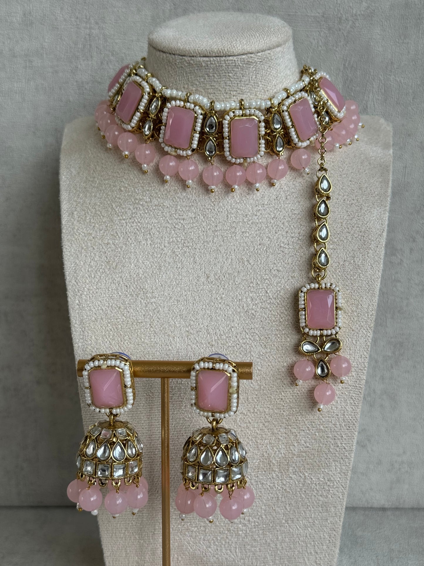 Ayura Designs Samaya Set with Jhumkis & Tikka – Blush Pink Stones, Kundan Detailing & Gold Finish